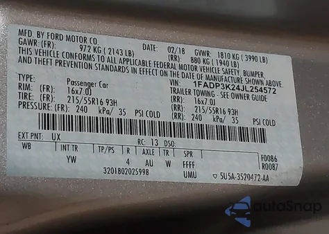 2018 Ford Focus Se из США, поврежденный, VIN 1FADP3K24JL254572